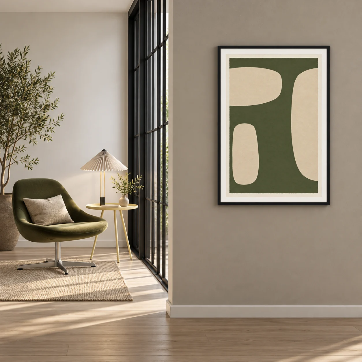Olive Cushionをインテリアに飾った使用イメージ